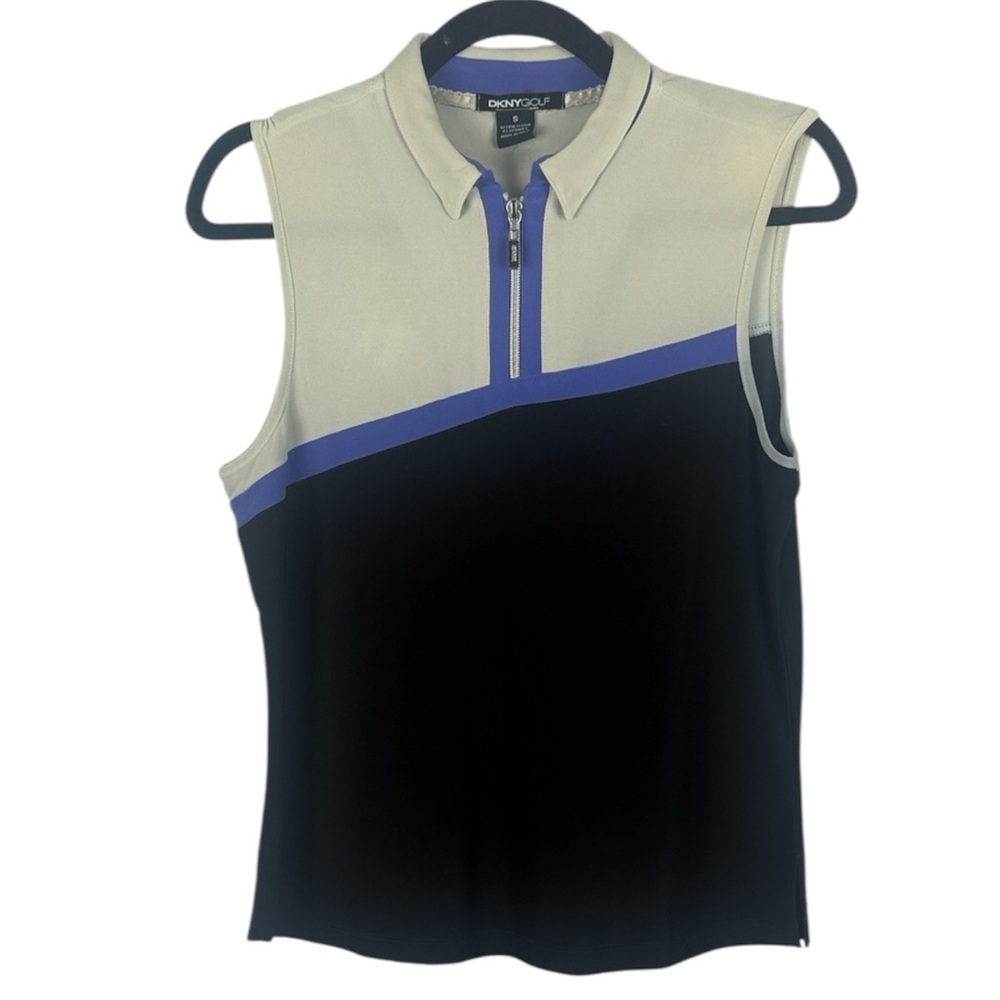 DKNYC Golf Black Cream Geometric Sleeveless Polo Small Tank with Blue Accent
